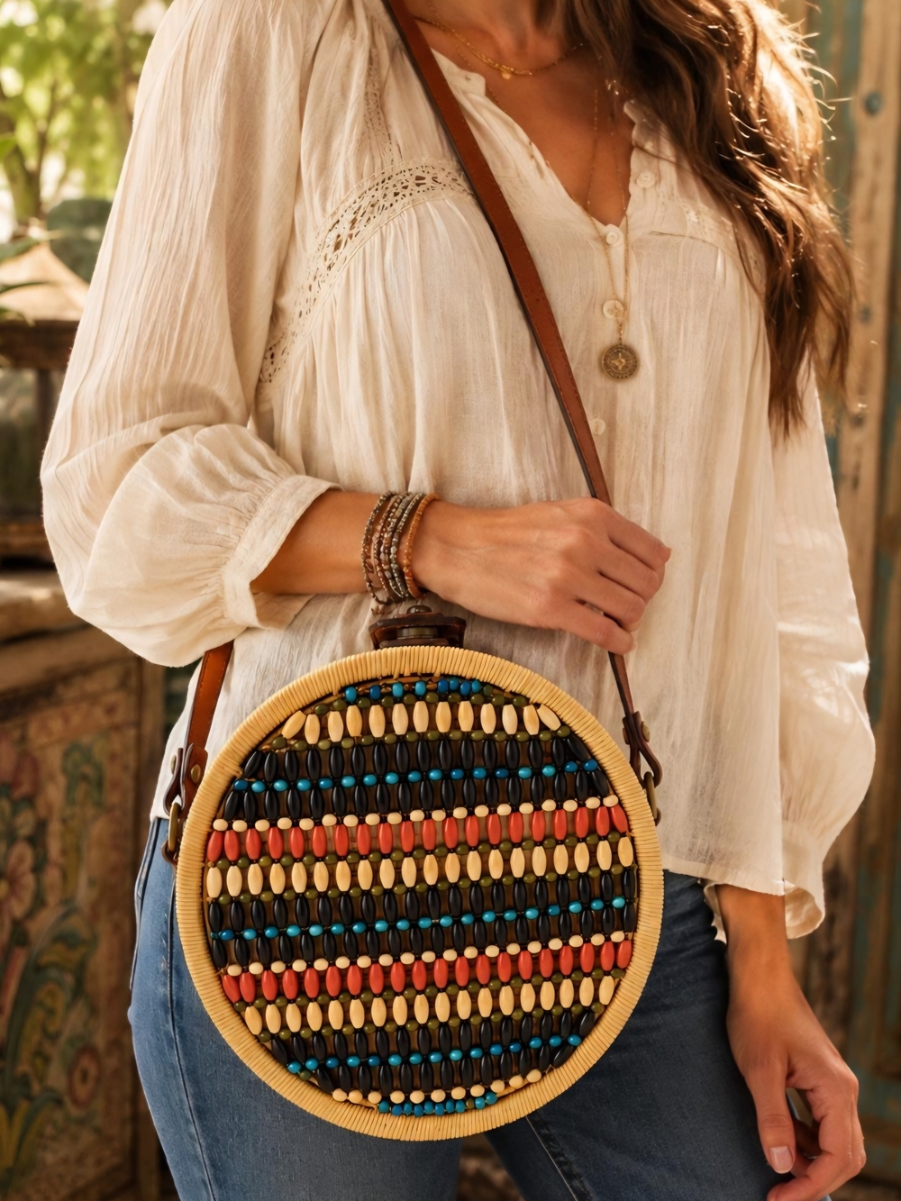 Patricia Nash Round Canteen Crossbody Bag Beaded Rattan Purse Boho Resort Handba